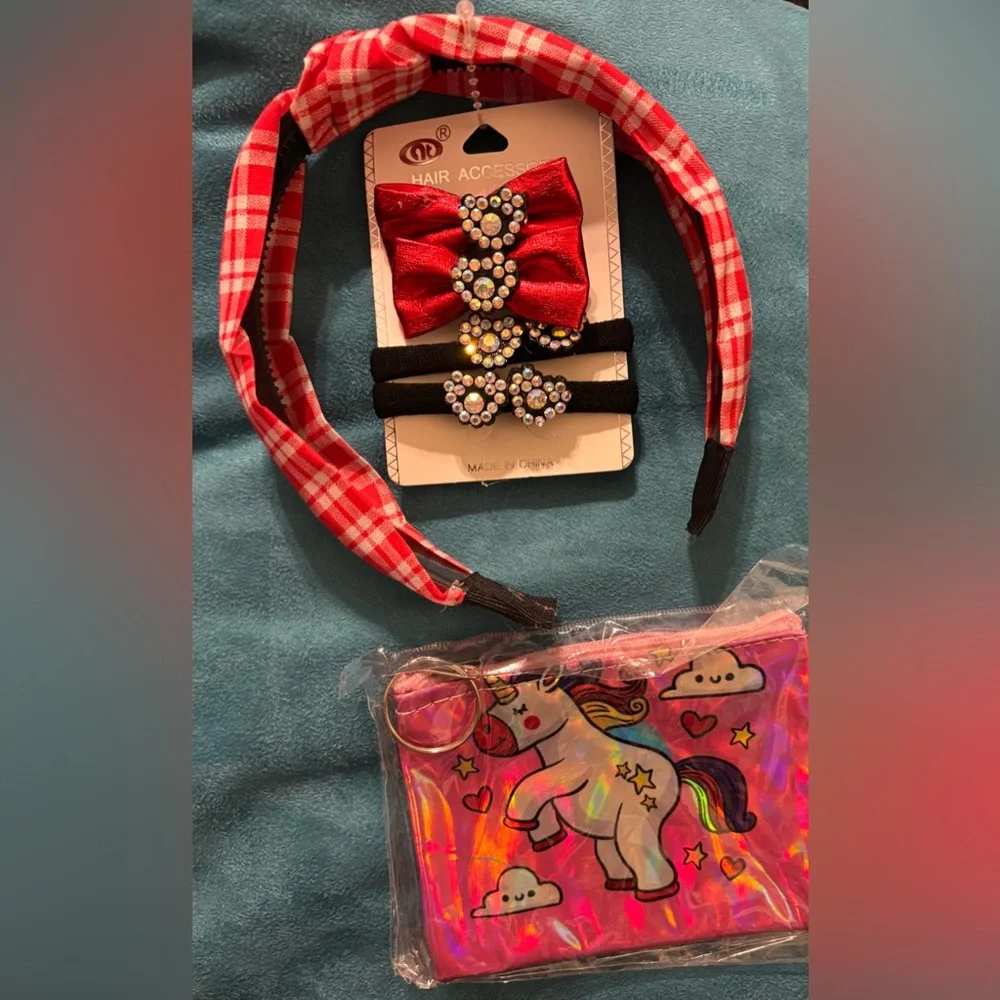 Red and Black Kids Hair Accessory Set with Unicorn Purse